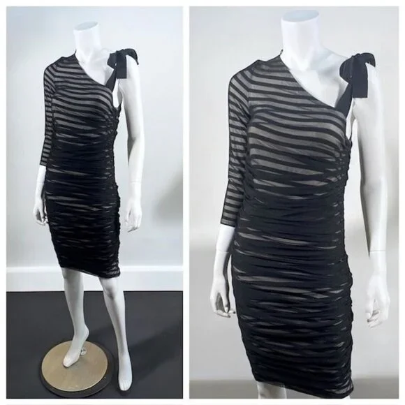 BCBGMaxAzria One Shoulder Striped Mesh Overlay Pencil Dress Black, size Medium - Picture 2 of 16